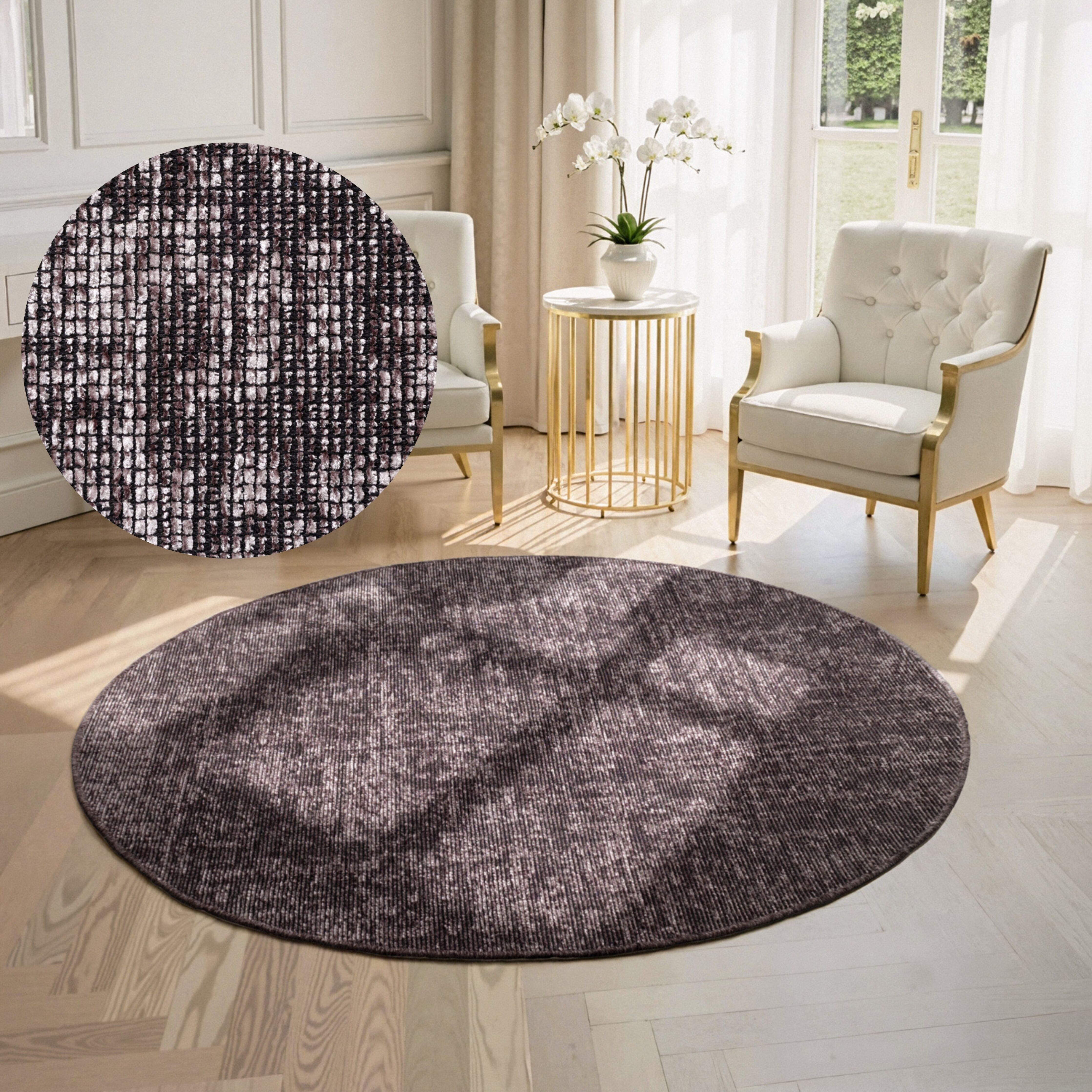 Teppich ELLE DECORATION "Prisma", braun, H:5mm Ø:200cm, Baumwolle, Polyester, Teppiche, Teppich, Glanz-Effekt, Karo Design, Kachel-Optik, Wohnzimmer, Schlafzimmer,Flur braun Ø 200cm 1 Stk., 5mm, Ø 200cm