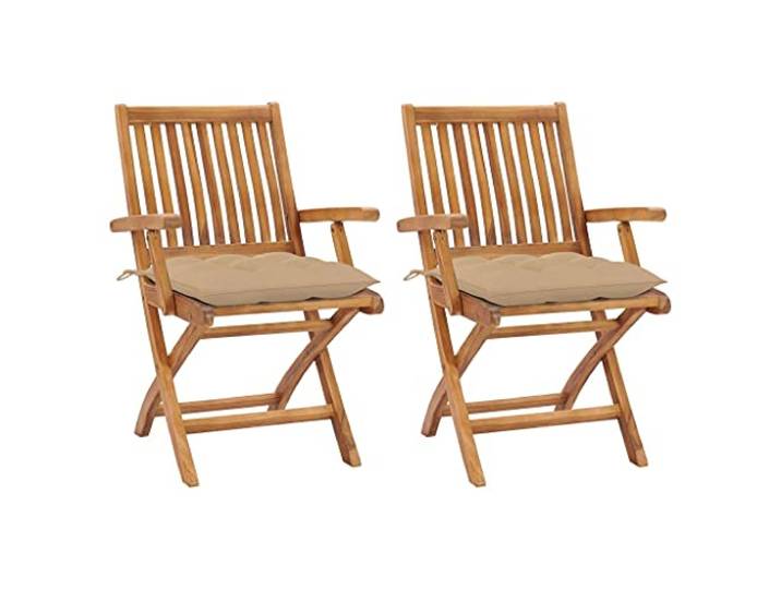 PHGTYUK Klappstühle 2 Stück Massives Teakholz mit Beigen Kissen Wetterbeständig, Ergonomisches Design, Klappbar für Stauraum, Belastbar bis 110 kg