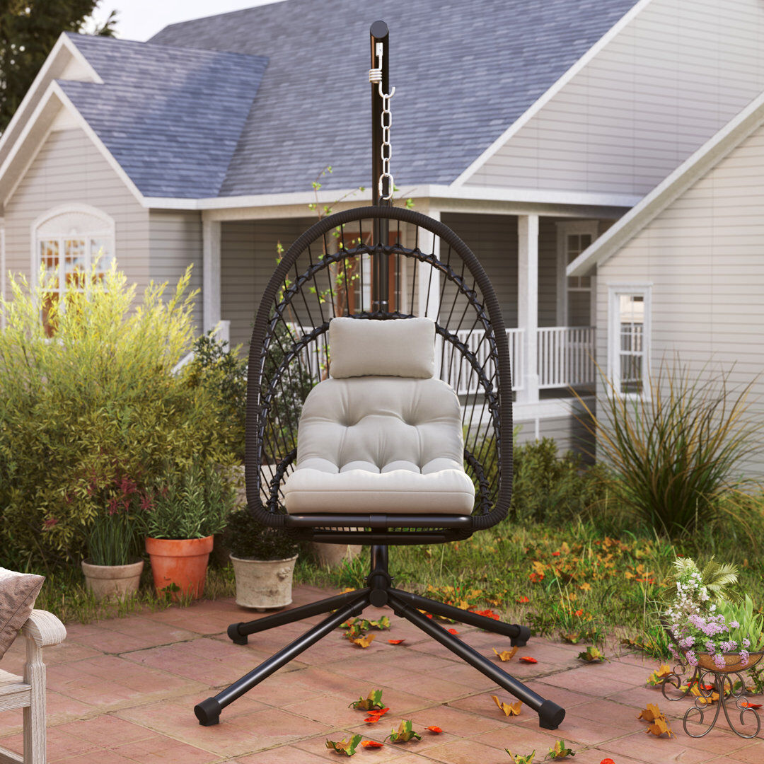 World Menagerie Outsunny PE Hanging Swing Chair w/ Thick Cushion, Patio Hanging Chair, Black White 194cm H X 131cm W X 100cm L
