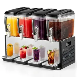 VEVOR Elektrischer Getränkespender 4 x 12 L 7-12 °C Saftspender mit PC-Behälter, für Restaurants, Hotels, Bars und Kioske, mit Rührstab für Gleichmäßige Durchmischung, Ausgabehebel und Auffangschale