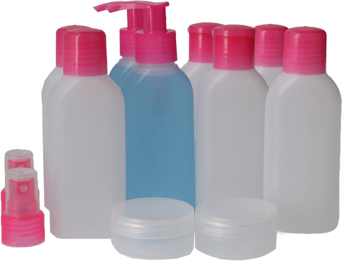 Set van 12 navulbare reisflesjes Pretty Pink - BPA-vrij kunststof - Transparant en roze
