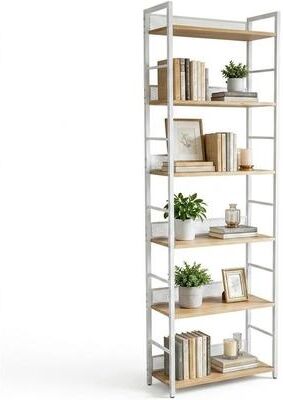 YUN 6-Tier Tall Narrow Bookshelf with Metal Guard Panels, Industrial Wood and Metal Display Storage Rack