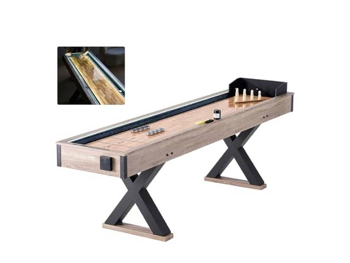 VEVOR Shuffleboard-Tisch 274 cm mit LED-Beleuchtung für Familienspielzimmer, Bowling-Kombispielset, mit kratzfestem Spielfeld, Beinen, 8 Pucks, Bowlingset, Wachs
