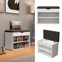 Oskar-Store Schuhbank Titus Weiß, 60 x 45 cm, Schuhregal mit Sitz, Klappdeckel, Fächer