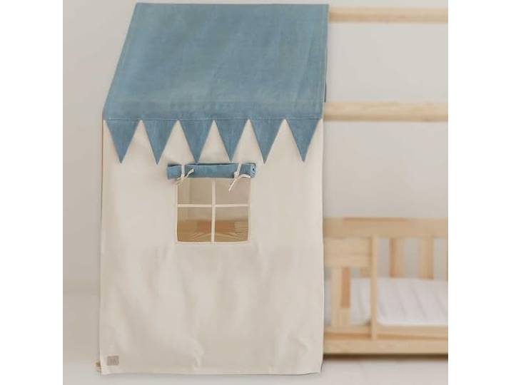 Moi Mili Betthimmel-Haus-Optik Hausbett-Vorhang Jeans 350 x 125 cm Betthimmel in Hausform mit Fenster für Kinderbett Bettdekoration Hausbetthimmel Hausbett Dekoration