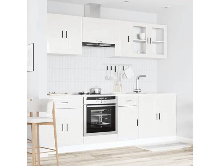 KTHLBRH Kalmar Küchenmöbel-Set, 8-teilig, weiß glänzend Mehrschichtiges Holz und Glas, verstellbare Füße, glatte Oberfläche, leicht zu reinigen