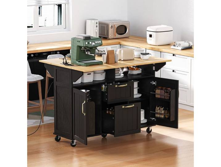 Îlot de Cuisine Mobile avec table extensible îlot de cuisine mobile avec tiroirs et porte-serviettes prises intégrées USB/AC noir