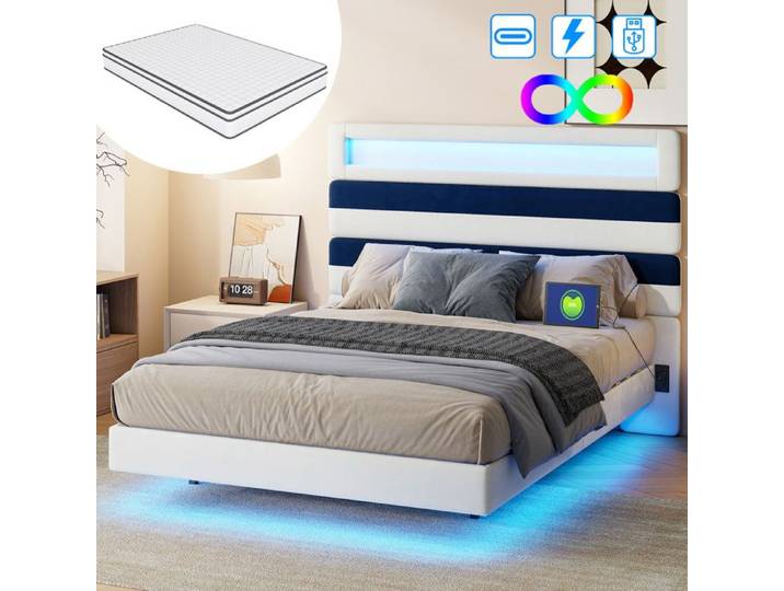 Lit double 140x190 - LUMINARIX - LED - Tête de lit avec USB - Design moderne - Matelas inclus