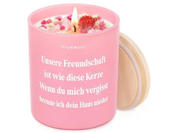 Duftkerze Lavendel mit Kristallen und getrockneten Blumen, Rosa, Paraffin, 9 cm, Dekoration, Kerzen & Kerzenhalter, Duftkerzen