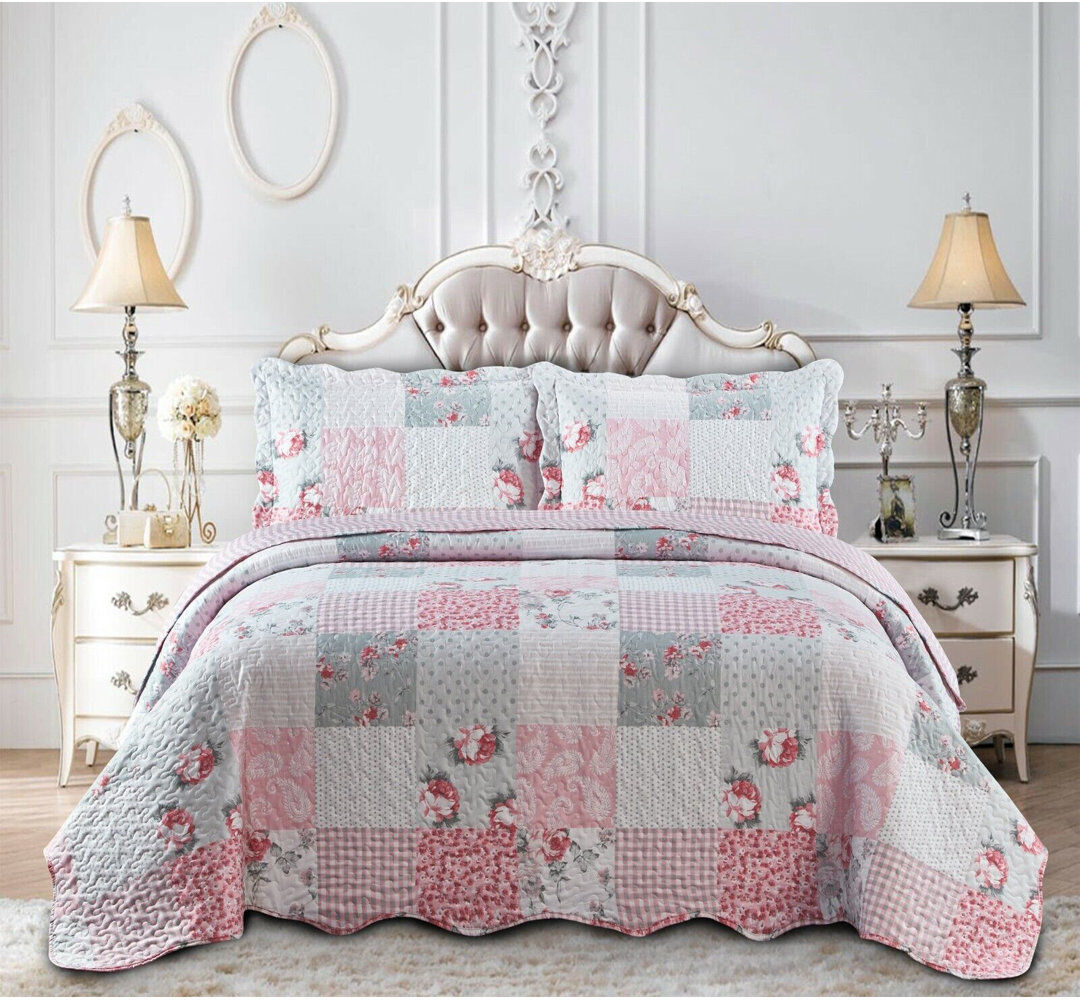 August Grove Poulsen Bedspread with Pillow Shams Floral Grey King