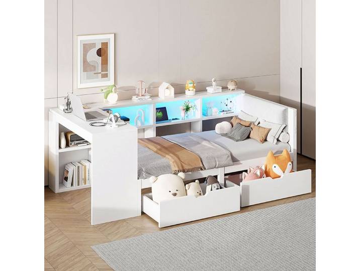 Lit plateforme - YEHTOKHOME - 90x200 - 2 tiroirs - 2 prises & 2 USB - LED 7 couleurs