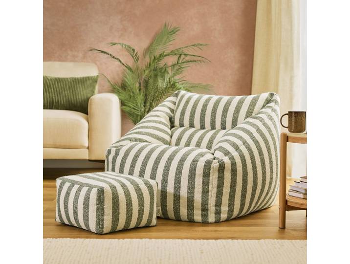 Pouf fauteuil avec repose-pied carré bouclette rayée, vert olive
