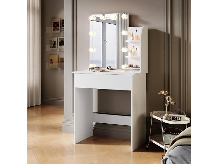 SIRHONA Coiffeuse avec Miroir, Table de maquillage avec 1 tiroir et 3 Compartiments Ouverts, Blanc + 10 Ampoules LED (3 couleurs)