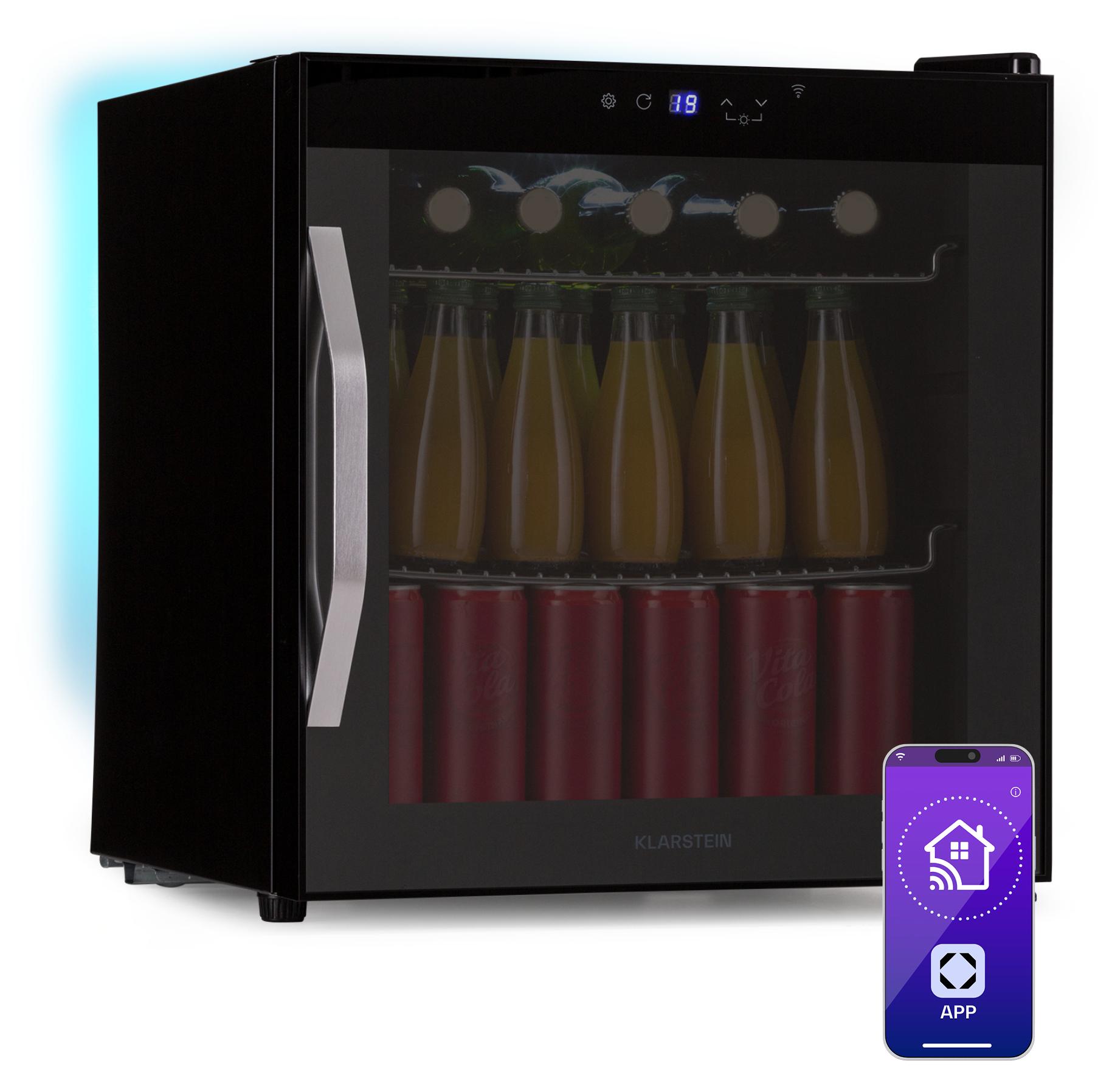 Klarstein Coachella 50 Onyx Getränkekühlschrank Mit Glastür - 47 L, WLAN, 3-18 °C, LED-Innenbeleuchtung, Touch-Bedienfeld, 7-Farbige Hintergrundbeleuchtung, 2 Metallböden, Schwarz