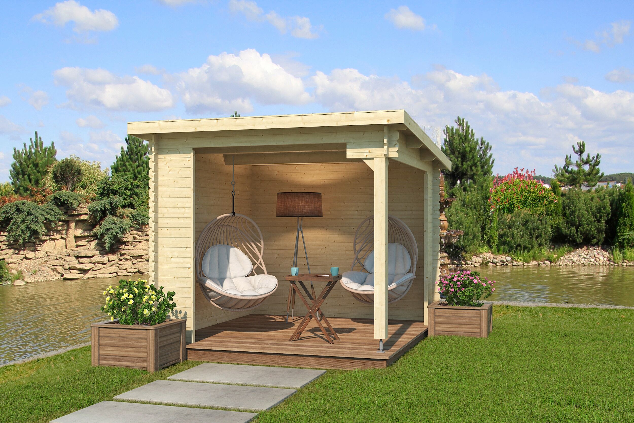 Gartenhaus LASITA MAJA "Unterstand/Lounge Buffalo 275", beige (naturbelassen), ohne Dacheindeckung, Massivholz, Gartenhäuser, Gartenhaus, Unterstand / Lounge 28mm