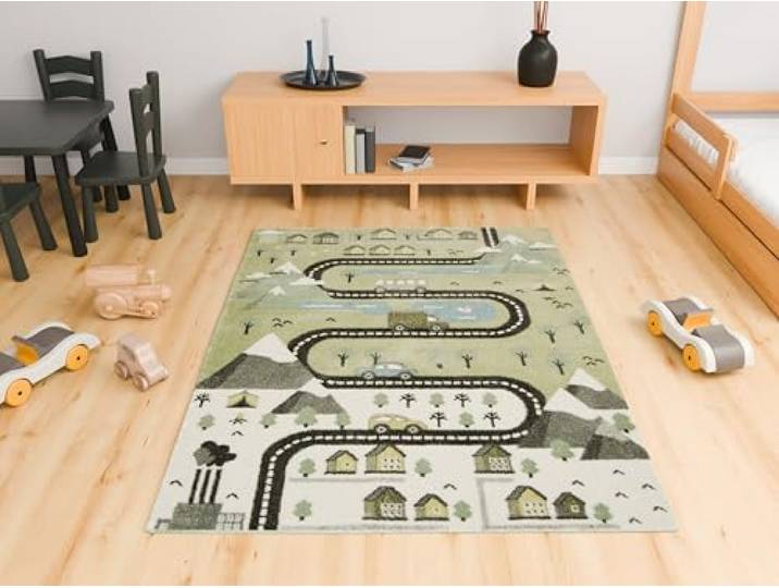 AKCILA Lima Kinderteppich Grün Creme mit Straßen und Autos 200x290 cm Wunderschön Teppich für Kinderzimmer, pastellfarbenes Straßen Design, Kinderteppich in verschiedenen Größen erhältlich