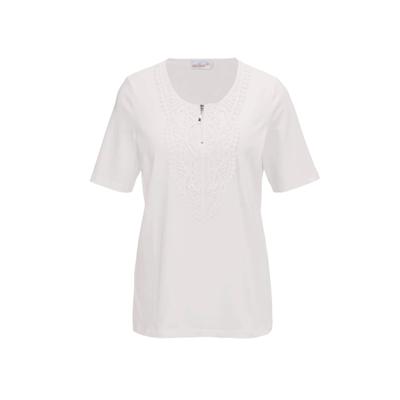 Kurzarmshirt GOLDNER "Elegantes Jerseyshirt mit Rundhals", Damen, Gr. 44, weiß (cremeweiß), Obermaterial: 92% Baumwolle CO. 8% Elasthan EL., Tubular, Shirts, Effektvolle Häkelspitze