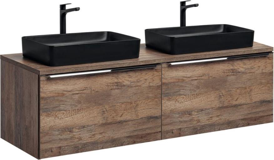 Badezimmer-Set VANTA Eiche: Unterschränke 160cm + Waschtischplatte + 2 schwarze Aufsatzwaschbecken