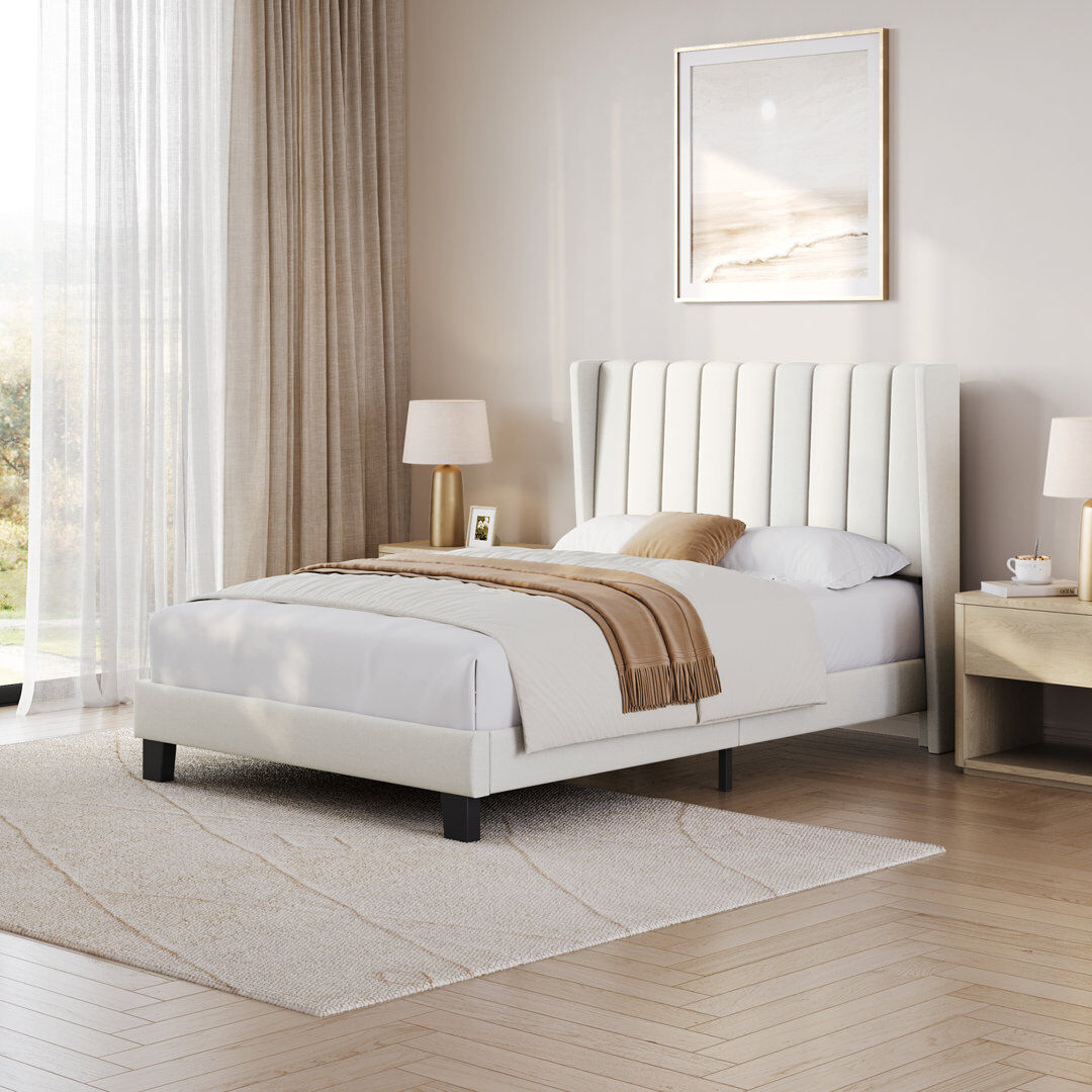 Yaheetech Upholstered Bed Frame with Channel Tufted Headboard Linen Fabric/Beige Double (4'6)