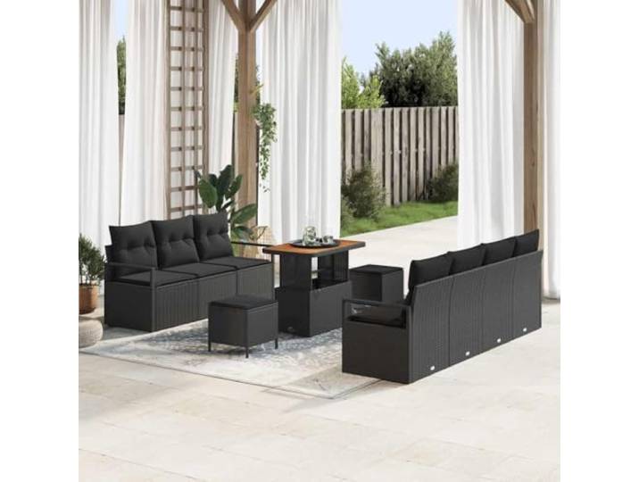 Garten-Sofa-Set 10-tlg. 9-Sitzer Poly-Rattan Schwarz mit Akazienholz-Tisch Poly-Rattan, Akazienholz-Tischplatte, Stahlrahmen, Polyester-Polster, verstellbare Füße, modulares Design