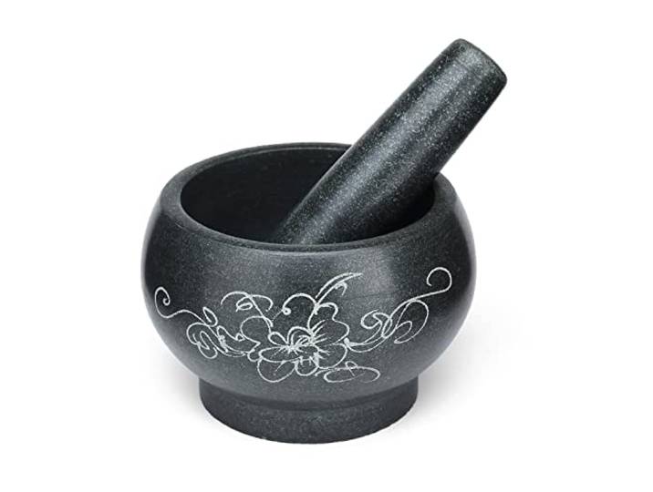 Küchenmörser und Stößel 5,5-Zoll-Mörser- und Stößel-Set aus Granit for Polieren von glattem Steinmörser Stößel for die Küche, große Mahlschüssel for Kräuter Gewürze, schwarz