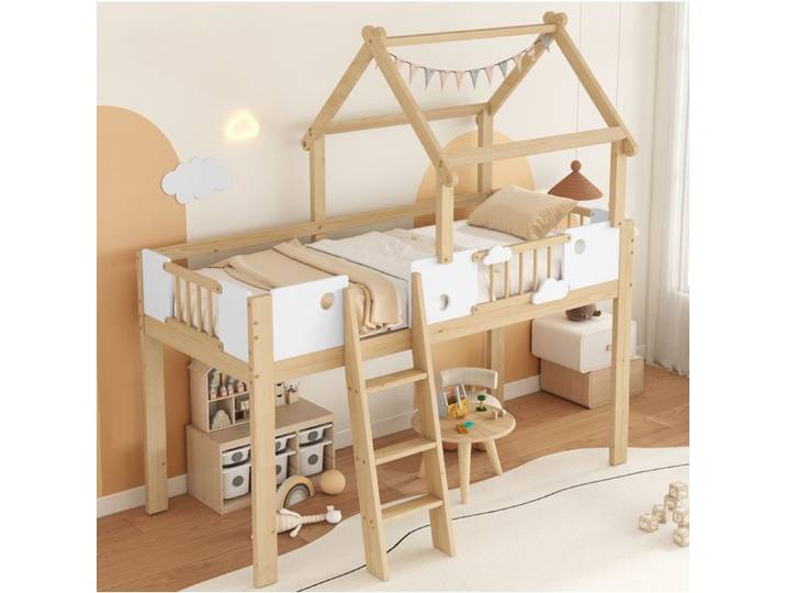 Lit mezzanine enfant - Blanc/Nature - Design cabane avec toit - Echelle inclinée 3 marches - 90x200 cm
