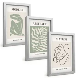 BILDER SET 3er Set - 20x30 cm Silberner Rahmen - Stilvolle grüne Gemälde mit Figuren