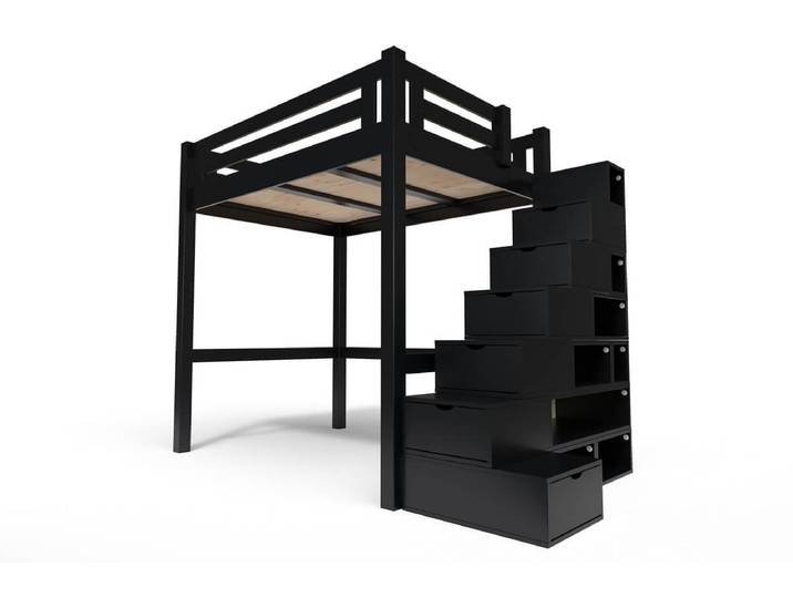 Lit Mezzanine adulte bois 140x200 Alpage hauteur réglable + escalier cube 140x200 Noir