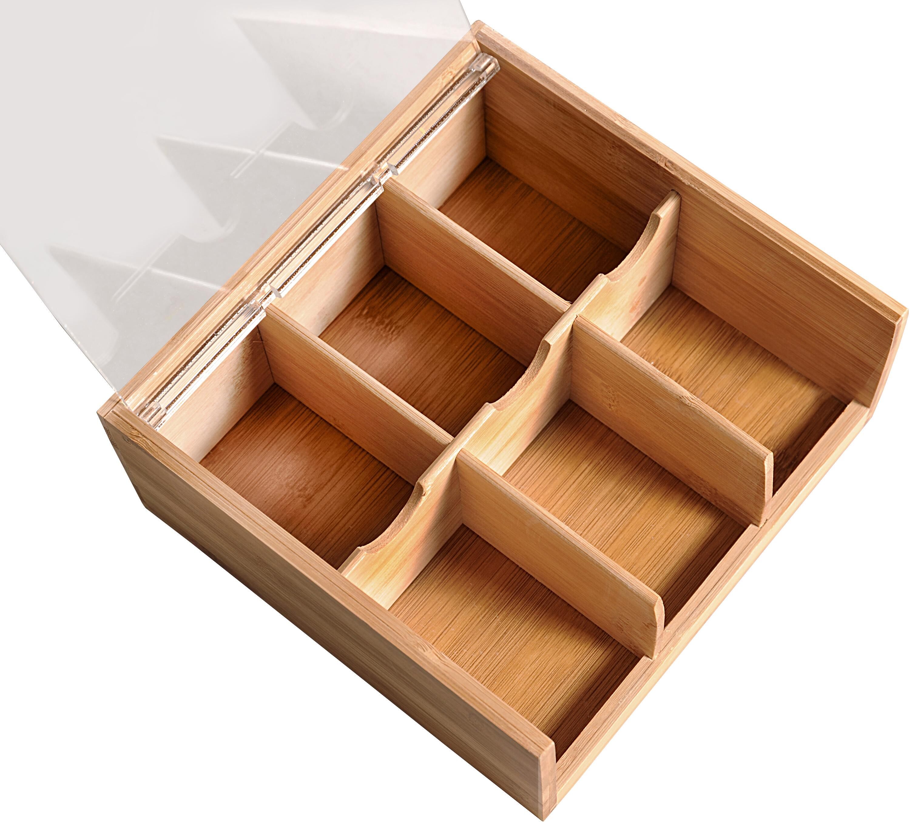 Teebox KESPER "mit Sichtklappe", beige (natur), B:21cm H:9,5cm L:22cm, Bambus, Lebensmittelaufbewahrungsbehälter, Teebox, mit 6er Einteilung