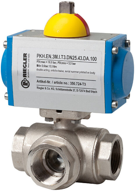 Riegler Robinet à bille en laiton, actionneur pneum., orifice L, Rp 1, L=116 (350.612)