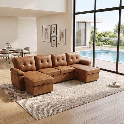 Abrihome "112"" U-Shaped Convertible Pull-Out Sectional Sofa with Storage Chaises"