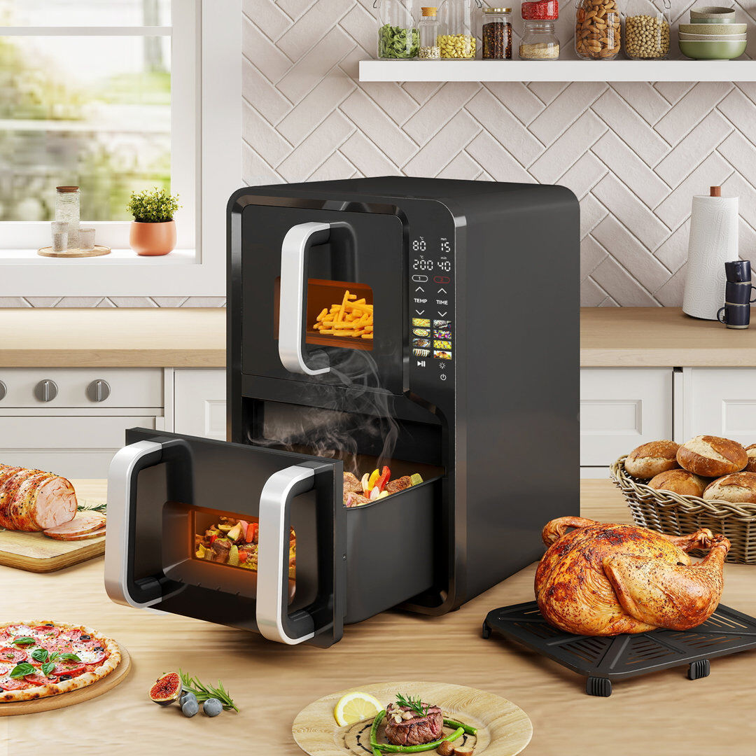 PULUOMIS 12L Dual Zone Digital Air Fryer, 7L&5L Cooker Touch Screen, Low Fat, Oil Free Healthy Oven, Kitchen Black 12L