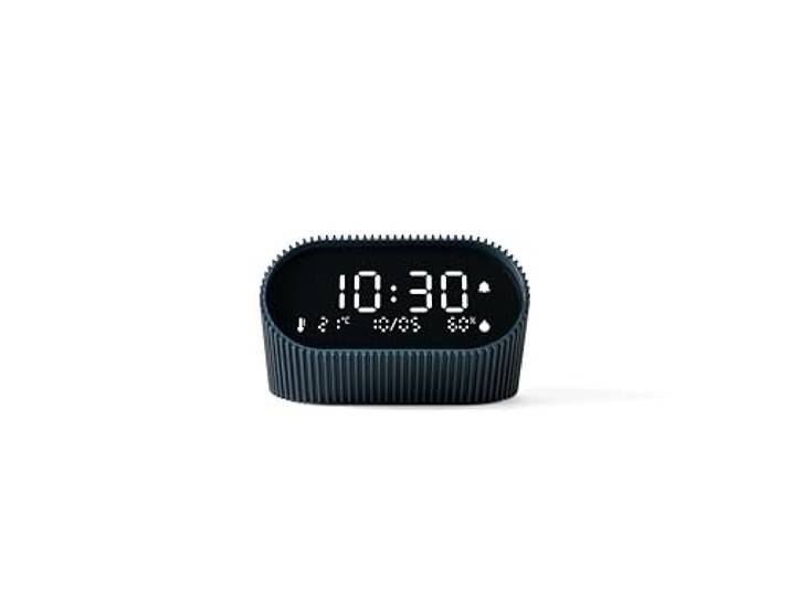 Lexon Ray Clock – Réveil Matin Design Aluminium Horloge Numérique LCD Thermomètre & Hygromètre Rechargeable USB-C 9 Mélodies & Sons Naturels - Bleu