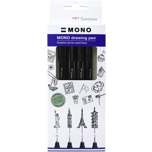Tombow Fineliner Mono drawing pen Fine Set, Strichbreite 0,21 - 0,44 mm, schwarz, 4 Stück