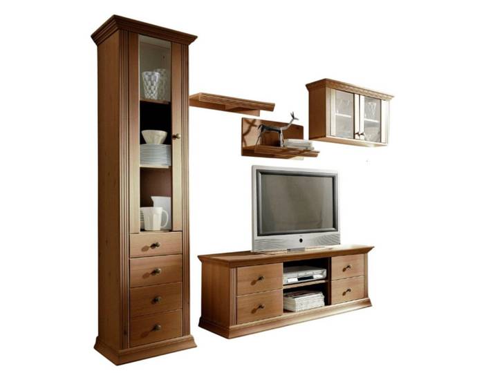 Clever-Moebel Wohnwand 5tlg. Wohnwand aus Kieferholz im Landhausstil TV Regal Schrank, (bestehend aus Vitrine, Lowboard, Hängeschrank, Wandregal 2er Set)