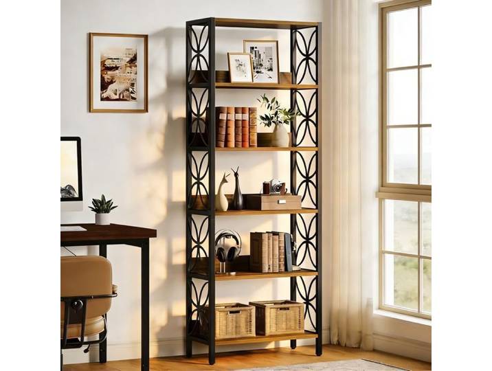 Bibliothèque haute à 6 niveaux bibliothèque industrielle avec cadre en métal avec 6 étagères de rangement Bibliothèque 180 cm