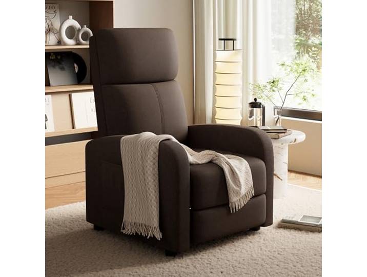 Relaxsessel, Leinenbezug, Manuell Verstellbare Rückenlehne Mit Seitentasche, Hoher Rückenlehne Und Dickem Kissen, Verstellbarer Loungesessel Für Wohnzimmer, Schlafzimmer Und Heimkino, Braun