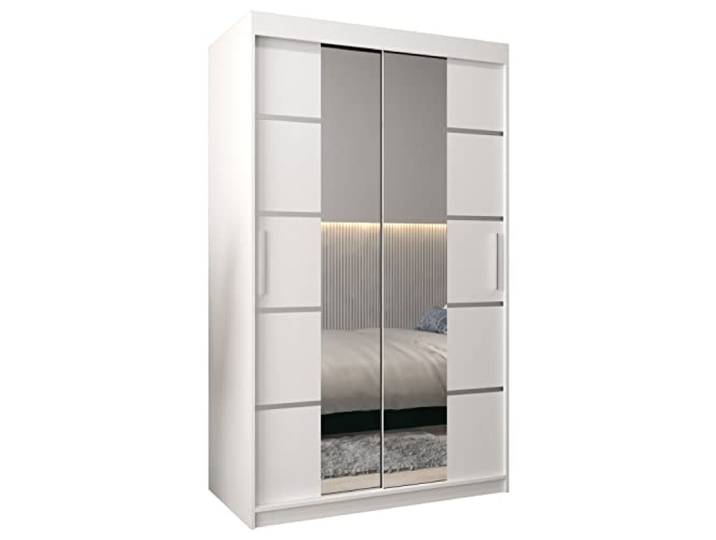 MEBLE KRYSPOL Verona 4 120 Schlafzimmerschrank Zwei Schiebetüren Kleiderschrank mit Spiegel Schiebetürenschrank Schrank mit Spiegel Kleiderstange und Regalen – 120x200x62cm - Mattweiß