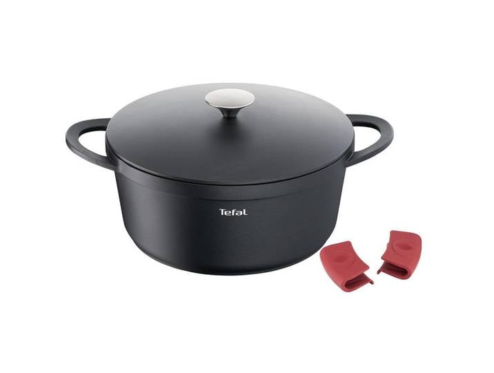 Tefal Kochtopf Trattoria, Schwarz, Edelstahl, Metall, 6,7 L, rund, 30x14.5x34.5 cm, backofengeeignet, hitzebeständige Griffe, mit Silikongriffen, Kochen, Töpfe, Kochtöpfe