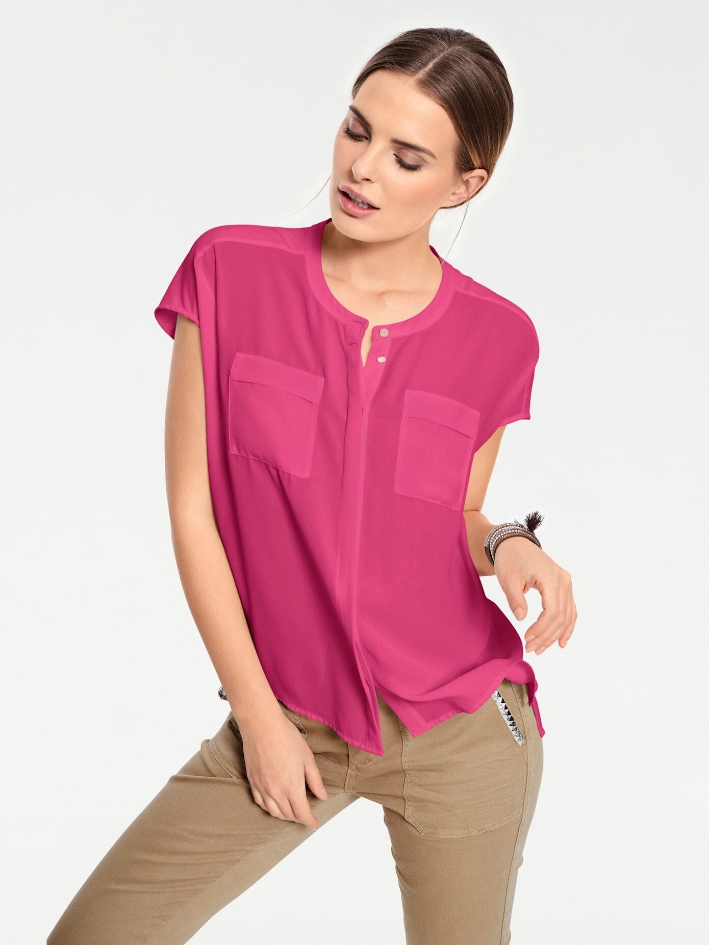 Kurzarmbluse HEINE, Damen, Gr. 38, pink, 100% Polyester, unifarben, Rundhals, Blusen Kurzarmbluse pink 38