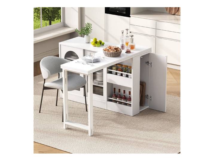 HAUSS SPOLE Bartisch mit Stauraum,Ausziehbar Sideboard Buffetschrank für Küche (Moderner ausziehbarer Bartisch mit 360° drehbarer Tischplatte, geriffeltem Glasschrank & Stauraum – Kücheninsel & Bartresen für kleine Räume), 360° Drehbare Bartisch