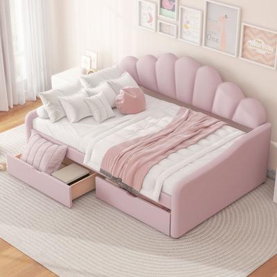Classic Velvet Upholstered Daybed with Shell Shaped Backrest and Storage Drawers by GDFStudio