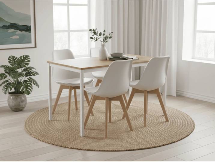 Essgruppe 1 + 4, Tisch RAMOD 100x60 cm weiß/Dekor Eiche + weißer Stuhl KITO