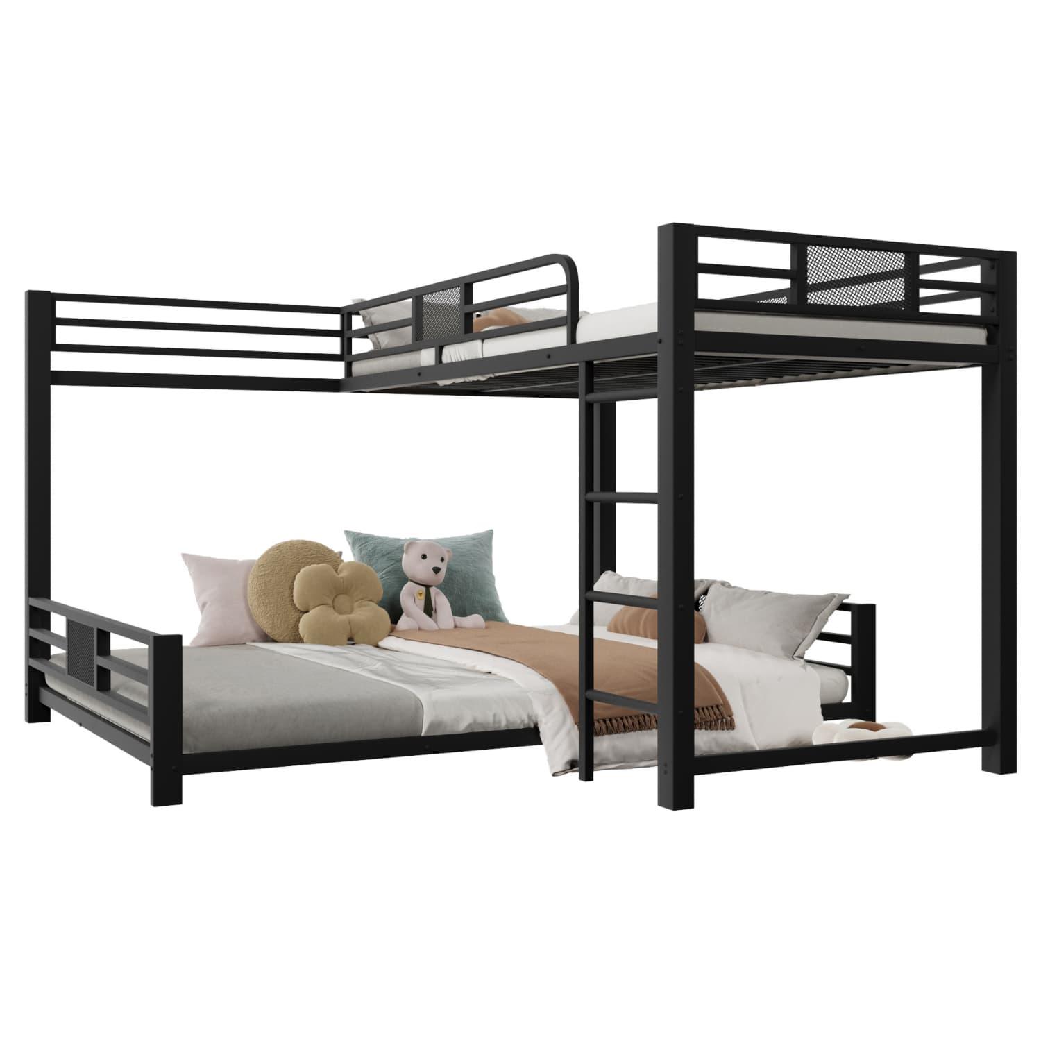 L-förmiges Metall-Etagenbett,Kinderbett,Hochbett, 90x200 über 140x200, Schwarz