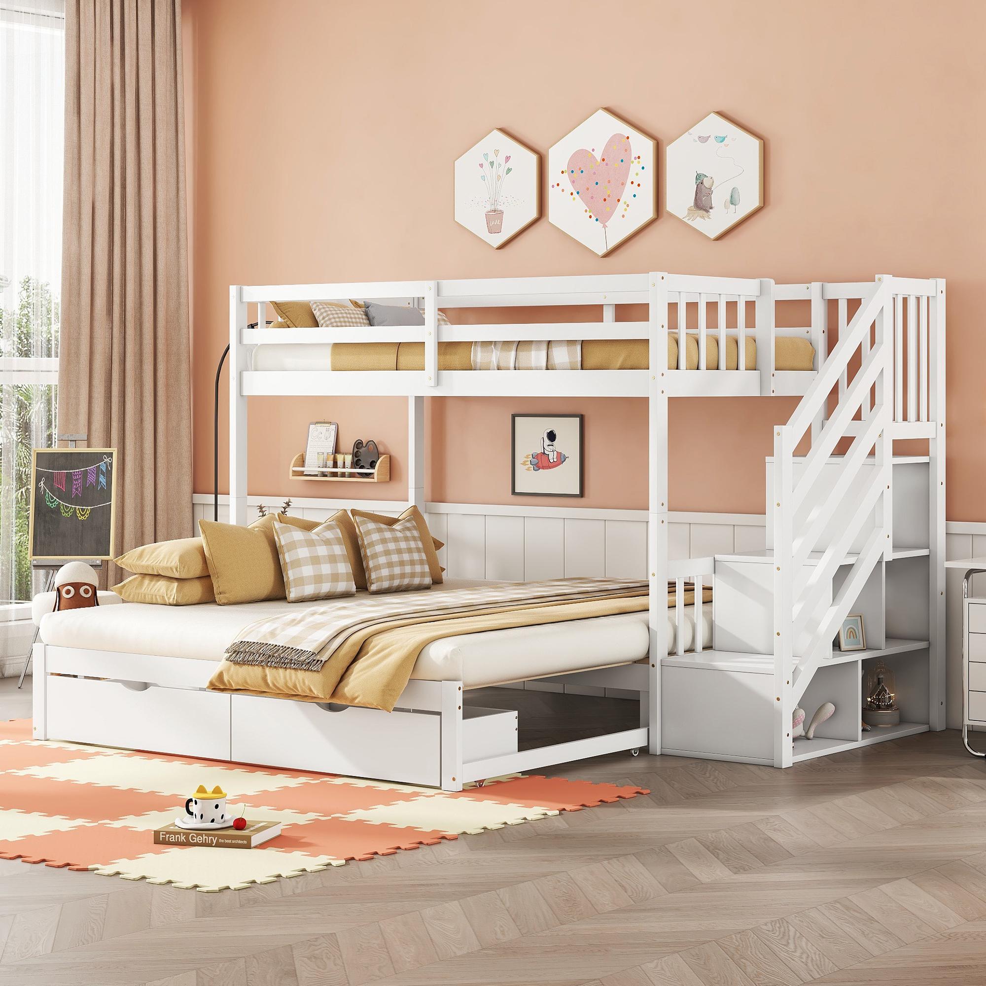 Merax Etagenbett Kinderbett 90x200cm, Stockbett mit Ausziehbett, 2 Schubladen, Lagerleiter, Lattenrost, Kiefernholz, Hochbett, Jugendbett, Weiß