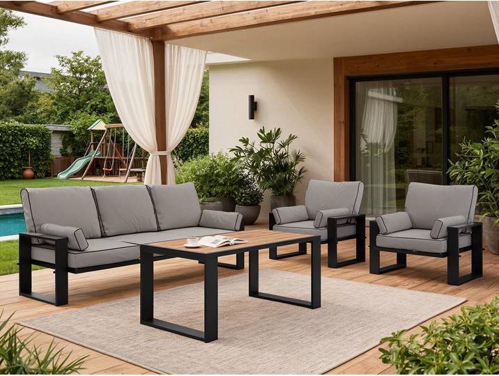 MKS MEBLE Gartenmöbel Set mit einem Tisch, Sofa und zwei Sesseln auf Metallbeinen, Gartenmöbel Set 5 Personen, Outdoor Möbel Set - ELBA 1 - grau