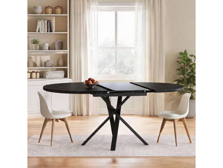 Table salle à manger ronde effet marbre extensible 100-140 cm piètement métal noir