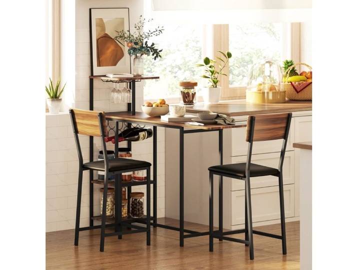 Ensemble table de bar extensible 3 pièces - 2 tabourets - 3 étagères - décor aspect bois noir