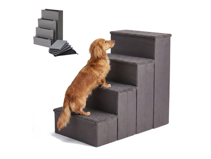 Relaxdays Escalier Pour Chien Pliable\, 4 Marches\, Rangement\, 65x40x70 Cm\, Revêtement En Tissu\, Gris Pour Lit & Canapé
