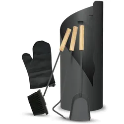 DELUKE® Kaminbesteck modern IGOR | 5-teilig mit Holzgriff | Schürhaken Besen Ascheschaufel | Kamingarnitur Anthrazit Ofenbesteck Kaminzubehör